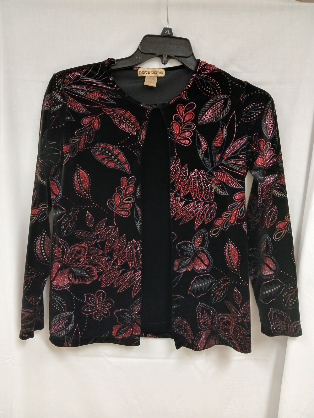 Notations Black Velvet Floral Open Front Jacket - Black with Pink Accents